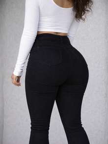 Women's Flare Jeans With Shaping Lycra, Black, Premium Fabric, No Transparency, Won't Fade - 黑色 - 查看 3