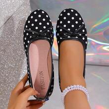 女士优雅波点蝴蝶结芭蕾平底鞋，圆头套脚休闲鞋 - 黑色 - 查看 7