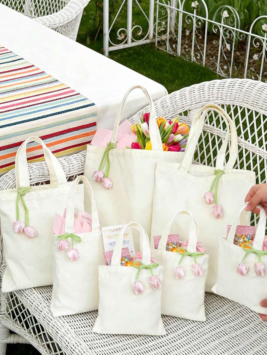 Set de 1/3/5/10 piezas de bolsas de lona con estampado de tulipanes en diferentes tamaños (mini/S/M/L) para regalo, fiesta de boda, dama de honor, fiesta de primavera, suministros para fiestas a granel, bolsa de agradecimiento, bolsa de lona reutilizable, bolsa de compras diaria en colores pastel