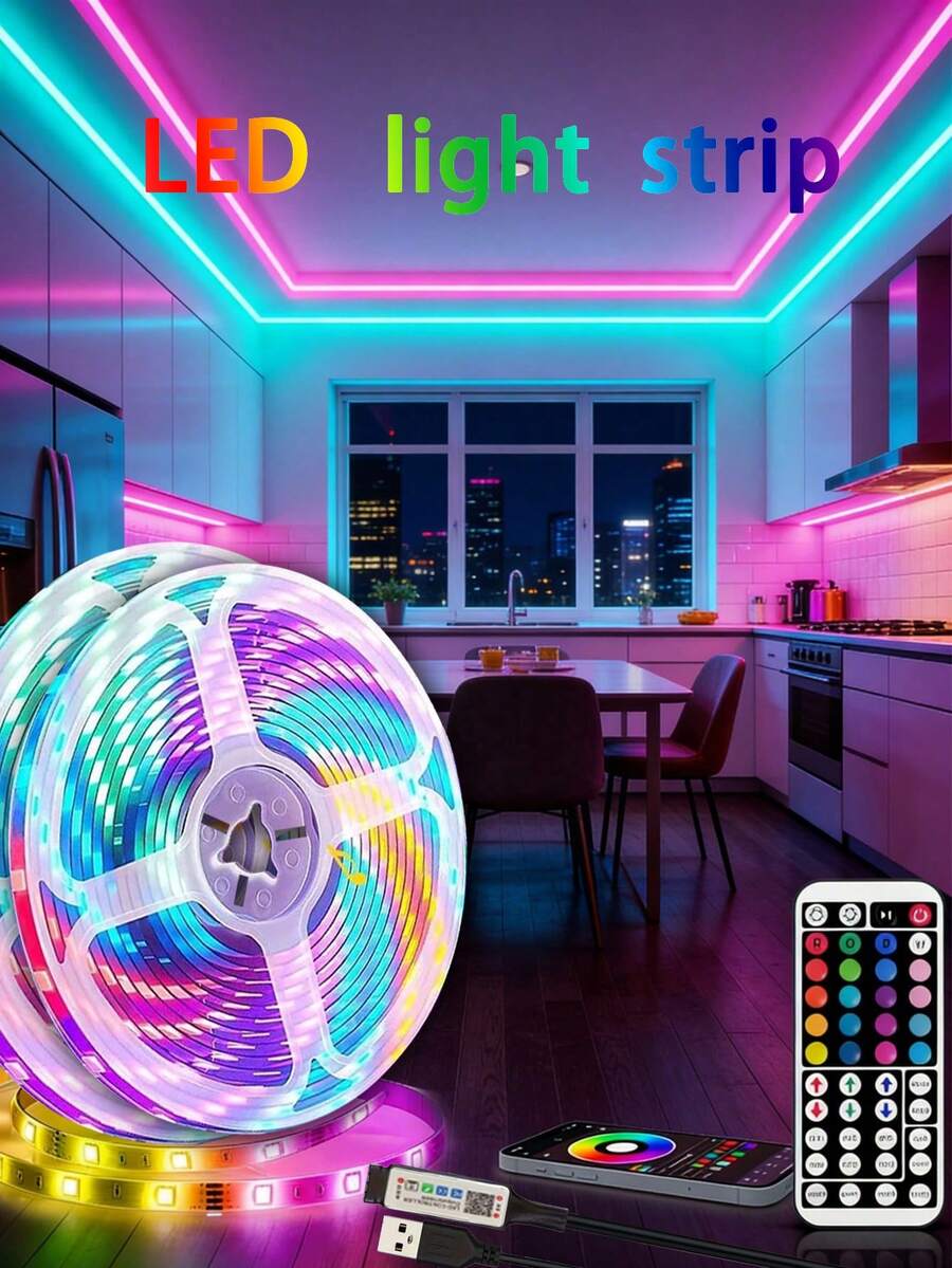 家用裝飾 LED 燈條，可透過 App 與 44 鍵紅外線遙控器控制，亮度可調、可變色，支援 DIY 模式與音樂同步，適用於電視背光、酒吧、客廳、萬聖節派對、房間裝飾、婚禮裝飾及聖誕禮物