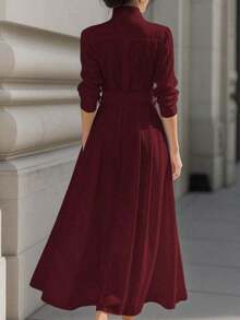Women's Elegant Solid White Structured Satin Lapel Collar Long Sleeve Self-Tie Belted Waist Flared A-Line Maxi Shirt Dress, Old Money Aesthetic French Vintage Formal Evening Gown For Wedding Guest Date Night Office Commute Prom Streetwear Photography - 酒紅色 - 查看 2