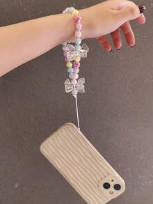 Bow Knot Phone Lanyard Wrist Strap Short Chain Pendant, Crystal Beaded Charm Accessory, Universal - Multicolor - View 8