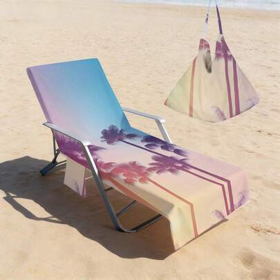 1 pieza Funda de silla de playa de microfibra con estampado de palmera tropical, con bolsillo, ligera y transpirable, ideal para viajes y vacaciones en la playa, esencial para la piscina | Estilo de verano | Manta de playa portátil