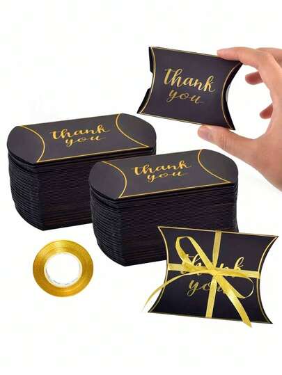 50 Piece Set Of Black Kraft Paper Pillow Box, Candy Gift Box Set, With Gold Ribbon, Suitable For Wedding Gifts, Parties, Birthdays, Graduations, Thank-You Gift Box Supplies, Graduation Souvenirs, Wedding Souvenirs, Bride Gift Parties