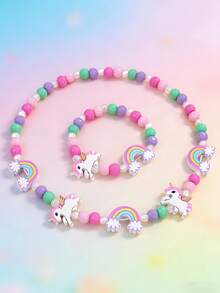 2pcs/Set Butterfly, Flower, Unicorn, Rainbow Wooden Pendant Necklace And Bracelet Jewelry Set, Suitable For Little Girls And Princesses, Daily Wear, Children's Party And Birthday Gift - Multicolor - View 11