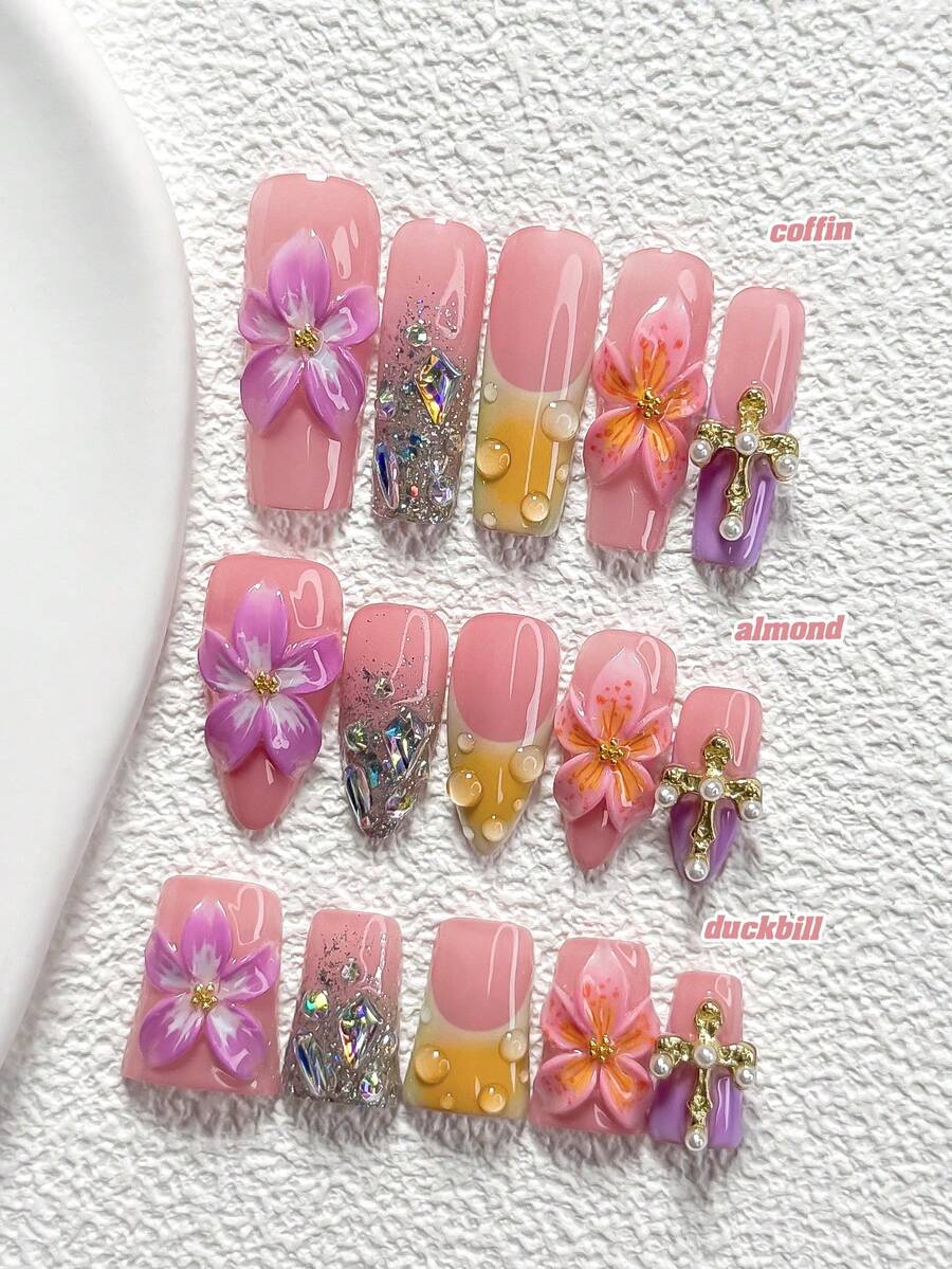 10Pcs Sweet And Edgy Style Handmade Nail Art Set,Unghie Press On,Arrowhead Drill, Cross Nail Art Accessories,Sophisticated Style Nails,Includes Nail Tools,3 Sizes Available,Almond Nails , Duck Nails,Coffin Nails For Party, Dance, Daily Wear. - 彩色 - 查看 1