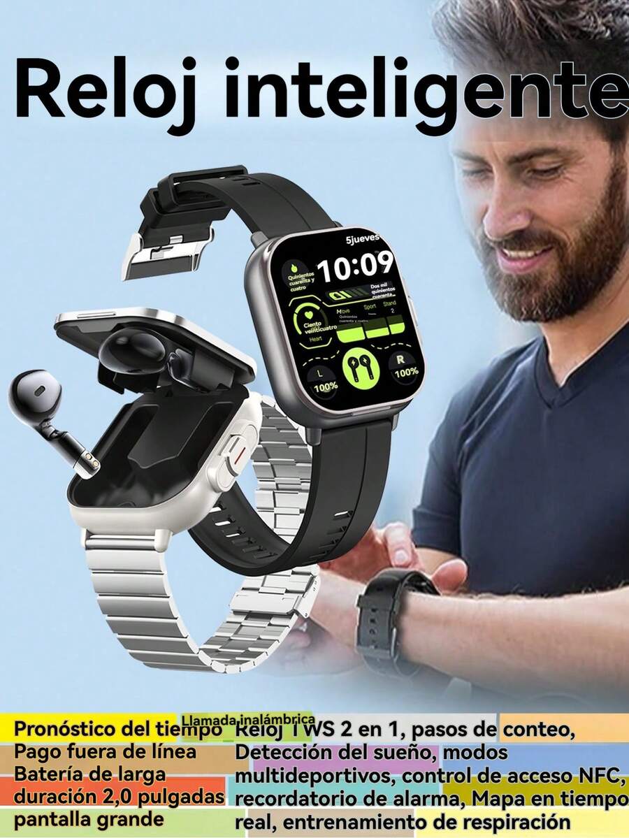1 pieza Nuevo smartwatch con auriculares inalámbricos integrados, diseño de doble función, pantalla táctil de 2.01", compatible con llamadas inalámbricas, reproducción de música, NFC, monitoreo de sueño, podómetro, pronóstico del tiempo, visualización de mensajes, múltiples modos deportivos, compatible con varios teléfonos inteligentes.