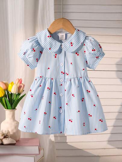 1pc Baby Girls' Summer Thin Short Sleeve Dress, Baby Girl Blue & White Striped Cherry Print Peter Pan Collar Round Neck Elastic Waist Cardigan Dress Set, Cute Elegant Sweet Versatile Outfit, Newborn 1st Birthday Gift, Soft Comfortable Breathable, 0-1-2-3 Years Old, 6-9 Months, Suitable For Outdoor, Casual, Party, Holiday