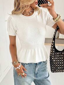 女士新款优雅荷叶边镂空针织上衣，适合日常通勤、约会和拍照 - 白色 - 查看 2