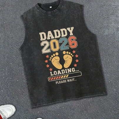 Men's Sleeveless Pure Cotton Washed Vest With Daddy 2026 Loading Printed, Minimalist Faded Black Tee, Premium Heavyweight Cotton 230g/, Streetwear Aesthetic Style, Suitable For Daily Wear Unisex Apparel Gift, Gift For Dad, Father's Day Gift, Washable Sleeveless Vest For Men Casual Daily Sports Outdoor Use