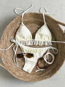 Swim Mod Women's Swimsuit, Two-Piece Bikini Set With Halter Neck, Ruffles And Bow In Solid Color For Summer - 杏 - 查看 6