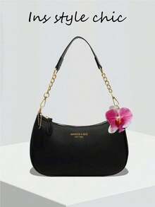 New Fashion Classic Wild Letter Decor Design Solid Color Waterproof PU Material Crescent Shoulder Bag/Underarm Bag, Suitable For Shopping And Crossbody Wear - Black - View 8