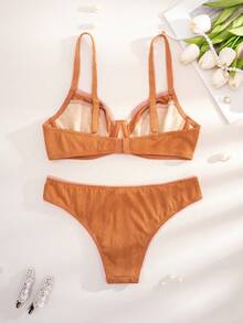 1 Set Women's Solid Color Floral Underwire Comfortable Bra Set - Rust Brown - View 2