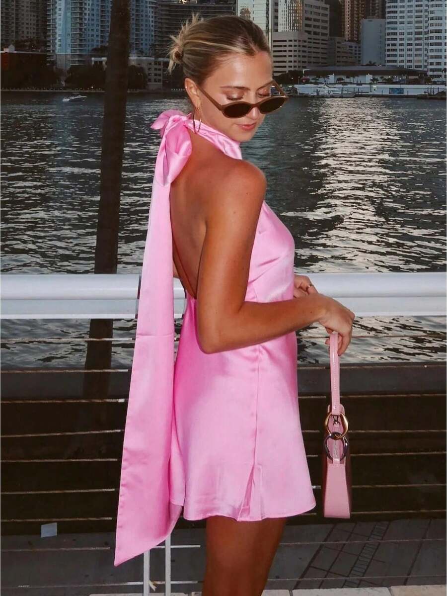 Women's Halter Neck Satin Mini Dress Sleeveless Backless Ruched Slim High Neck Solid Color Bodycon Short Dresses Evening Party Dress Wedding Guest Dresses Formal Dress - 粉色 - 查看 1