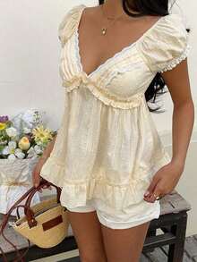 Women's Pink V-Neck Cute Sweet Lace Patchwork Short Sleeve Blouse, Suitable For Picnic, Home, Date, Vacation, Versatile - Hồng - Xem 4