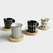 创意迷你马克杯套装，陶瓷杯配木托盘，北欧简约意式浓缩咖啡杯，手绘几何图案家用小茶杯组合 - 黑與白 - 查看 7
