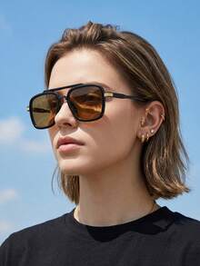 1 Pair Of Square Fashion Glasses, Double Beam Design, Vintage Classic Versatile, Customizable, Women's Glasses, Beach Accessories, Back-To-School College Style Outfit - 2pcs(black+Brown) - View 4