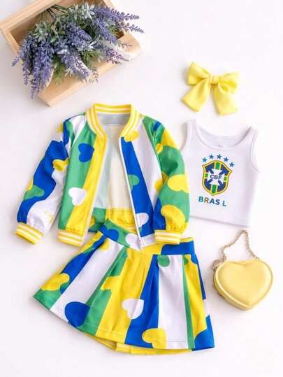 Conjunto Infantil Brasil 3 Peças: Jaqueta, Regata, Saia Para Meninas