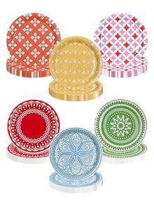 10 pièces/60 pièces/120 pièces Assiettes en papier de style bohème de 7 pouces, 6 couleurs vives : rouge, vert, bleu, jaune, rose et orange, 6 designs uniques, mélangeant mandala bohème, motifs géométriques, paisley et plus, convient pour anniversaire, baby shower, mariage et pique-nique - Blanc - Voir 1