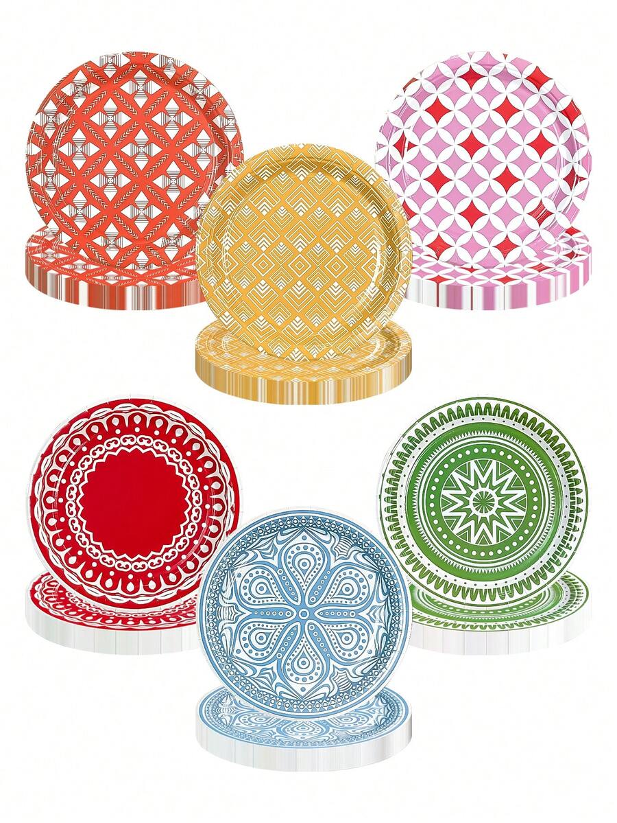10 pièces/60 pièces/120 pièces Assiettes en papier de style bohème de 7 pouces, 6 couleurs vives : rouge, vert, bleu, jaune, rose et orange, 6 designs uniques, mélangeant mandala bohème, motifs géométriques, paisley et plus, convient pour anniversaire, baby shower, mariage et pique-nique - Blanc - Voir 1
