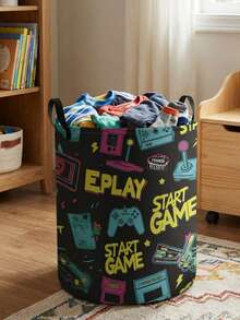 1 pieza Cesta de almacenamiento redonda plegable con estampado de consola de juegos de dibujos animados, gran capacidad, diseño con asa, cesta de almacenamiento multiusos para guardería, pañales de bebé, ropa, organización de juguetes - Multicolor - Ver 3