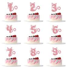Decoración para tarta de cumpleaños de gato, de 1 a 9 años, de material de papel sin batería y para mascotas, con diseño de silueta de gato rosa, adecuado para fiestas de mascotas y celebraciones con temática de gatos, decoración de tarta - Rosa - Ver 2