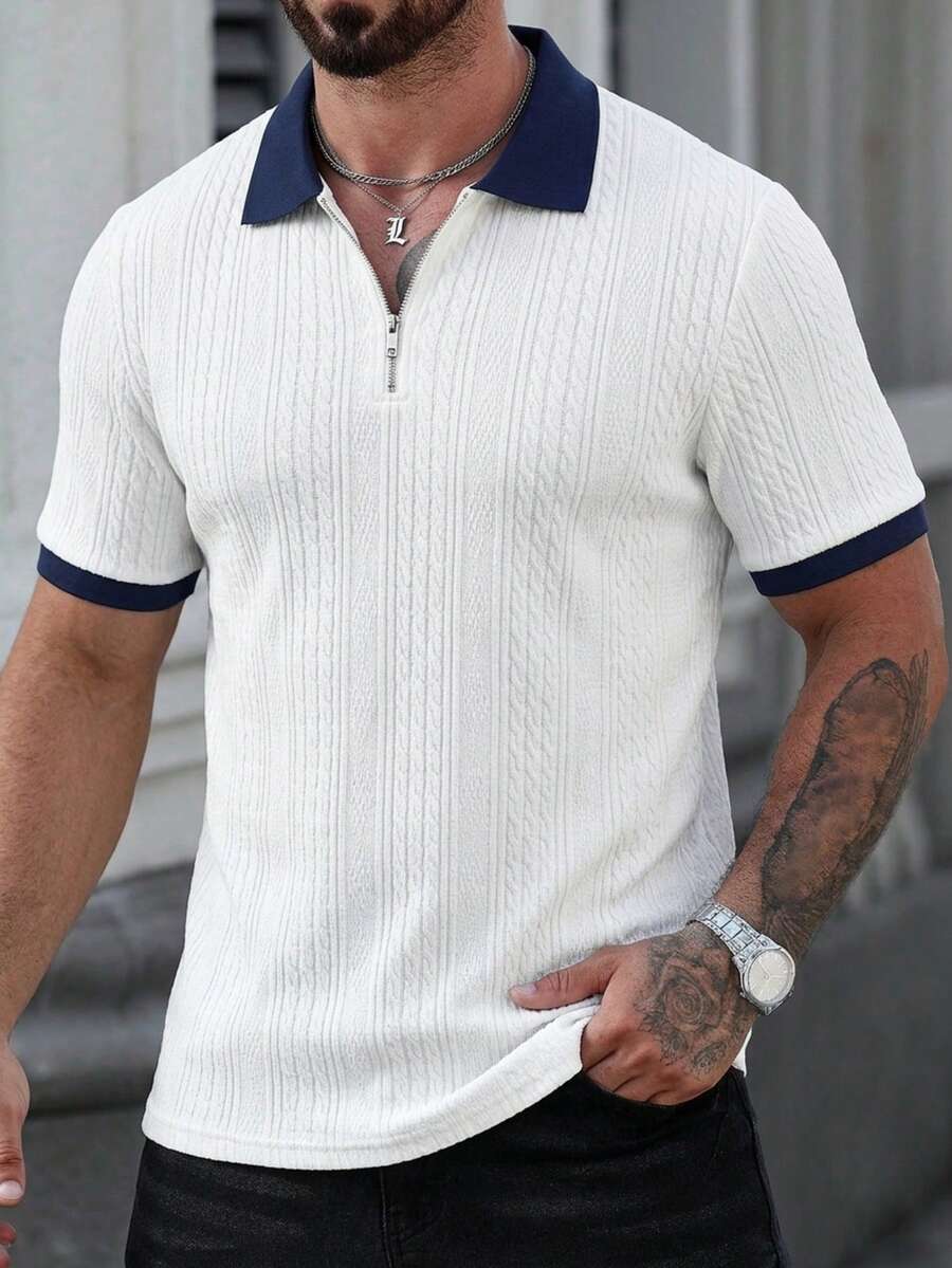 男士休闲提花 Polo 衫，适合日常通勤和春夏穿着 - 白色 - 查看 1