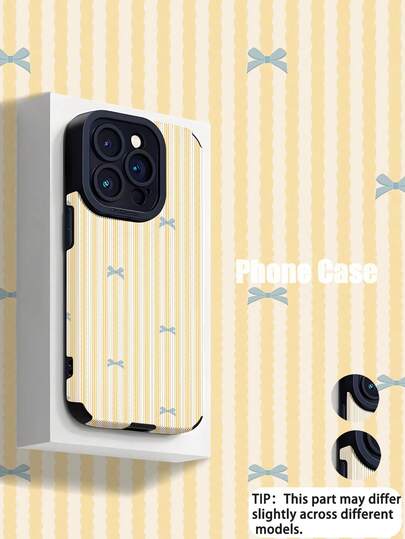 1pc Minimalist Yellow Striped Blue Bow Vertical Faux Leather Texture Classic Anti-Drop High-End Soft Protective Phone Case, Suitable As Birthday/Holiday Gift For Friends, Family, Couples, Fits IPhone17/IPhone17 Air/IPhone17pro/IPhone17pro Max/IPhone16/IPhone16 Plus/IPhone16pro/IPhone16pro Max/IPhone15/IPhone15 Plus/IPhone15pro