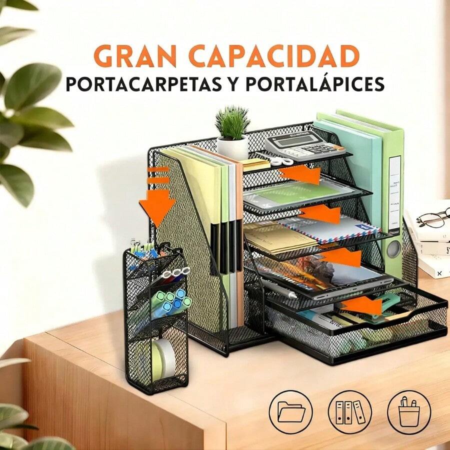 Organizador de Escritorio Metálico 5 Niveles con Archivador y Box | Ideal para Oficina y Hogar | Orden y Comodidad - por defecto - Ver 1