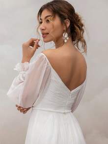 Off-Shoulder Puff Sleeve Tulle Wedding Dress With Side Slit, Fairy-Inspired Bridal Gown With Layered Chiffon And Structured Draping, Perfect For Outdoor Garden Weddings, Beach Ceremonies, Holiday Celebrations, Christmas, Halloween, Birthday Parties, Prom Nights, Evening Receptions, Special Occasions, Featuring Soft Flowing Movement, Feminine Sweep, Figure-Flattering Silhouette, Comfortable Fit, Timeless Elegance, Statement Dress For Brides Who Desire Airy, Dreamlike, Graceful, And Ethereal Look With Subtle Polished Charm And Effortless Style For Any Festive Or Formal Event - 白色 - 查看 5