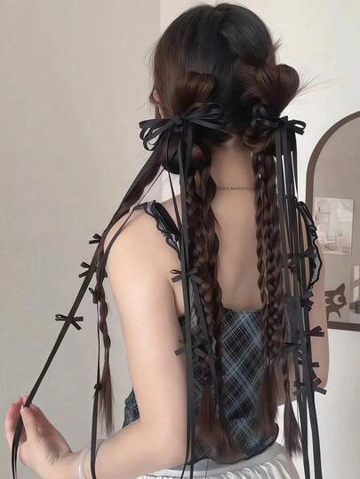 2 chiếc kẹp tóc nơ ruy băng dài, nơ đen mảnh kiểu dáng quyến rũ với những chiếc nơ nhỏ xinh, phụ kiện tóc phong cách ba lê dành cho phụ nữ và bé gái mùa hè