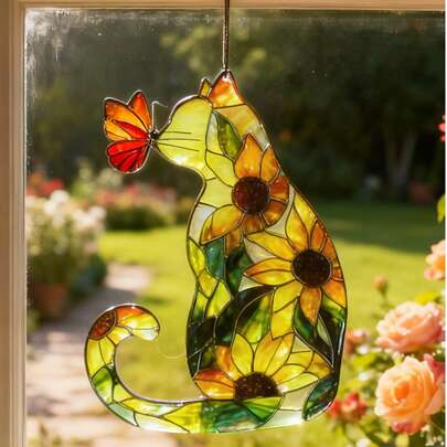 1Pc Cat Shape Sunflower Design Acrylic Hanging Decoration, Colorful Butterfly Accent, Stained Glass Effect, Vintage Style Wall Hanging, Floral Window Decor, Nature Inspired Home Accent, Perfect For Living Room, Bedroom, Window Sill, And Garden Spaces.