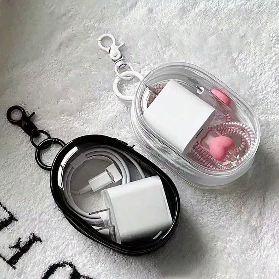透明便携式充电器收纳袋,带挂钩,防水透明线缆整理袋,迷你拉链袋,可收纳充电器、耳机、线缆及小配件,旅行必备 - 多色 - 查看 1