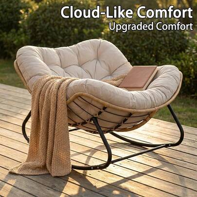 Large Papasan Rocking Chair With Thick Cloud Cushion, Adult Outdoor Leisure PE Wicker Chair, Comfortable Rattan Reading Chair For Living Room, Deep Seat Design