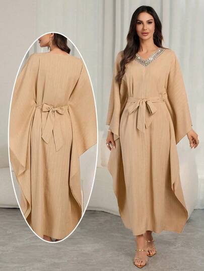 Vestido de línea A elegante de color albaricoque para mujer - Escote en V, decorado con cinta de lentejuelas, cintura con lazo, mangas abullonadas, material de tela fluida, adecuado para Año Nuevo, fiestas y vacaciones casuales de primavera