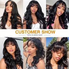 Dollface Black, Voluminous Human Hair Wig With A Natural Loose Body Wave Texture And Bangs | 3D Body Wave Lace Front Wig With Bangs | Completely Machine-Made | Ready-To-Wear And Glue-Free | Summer Wig | Curtain Bangs Style With An Invisible Drawstring For A Perfect Fit On Any Head Size | Human Hair, Pre-Plucked, Pre-Cut, And With Bleached Knots | Natural Black | 180% Hair Density | Lace-Front Wig For Women | Glue-Free Body Wave Remy Human Hair Wig In A Natural Color | Beginner-Friendly And Breathable - Natural Black - Xem 9