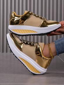 Giày thể thao đế xuồng chất liệu kim loại vàng dành cho nữ - Giày thể thao đế xuồng buộc dây trơn, giày casual phong cách rock thời trang. - Vàng - Xem 12