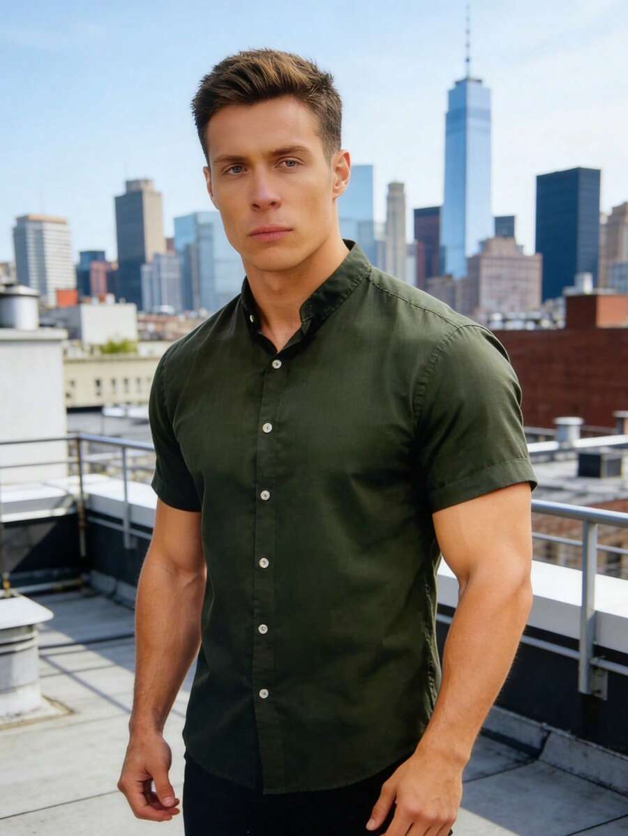 Men's Slim Fit Short Sleeve Priest Collar Dress Shirt - xanh quân đội - Xem 1