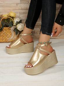 Women's New Casual Solid Color Platform Comfortable Sandals With Ankle Strap, Thick Sole Beach Shoes - Gold - View 6