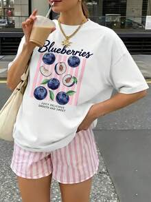 Women's Round Neck Fitted T-Shirt, A Women's T-Shirt With A Round Neck And Strawberry Illustration, Short-Sleeved Top. Lightweight And Breathable Wo - 白色 - 查看 1