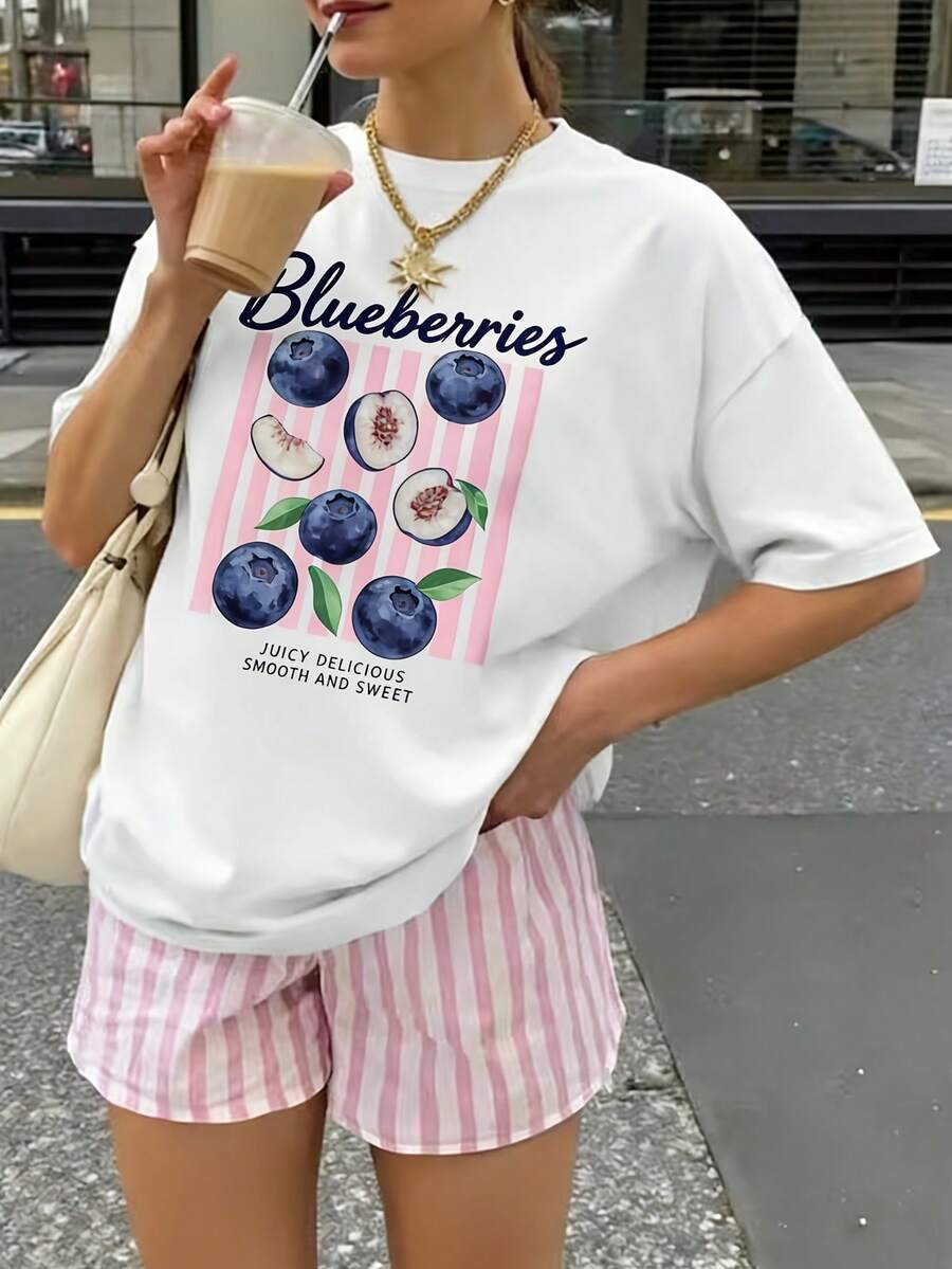 Women's Round Neck Fitted T-Shirt, A Women's T-Shirt With A Round Neck And Strawberry Illustration, Short-Sleeved Top. Lightweight And Breathable Wo - 白色 - 查看 1