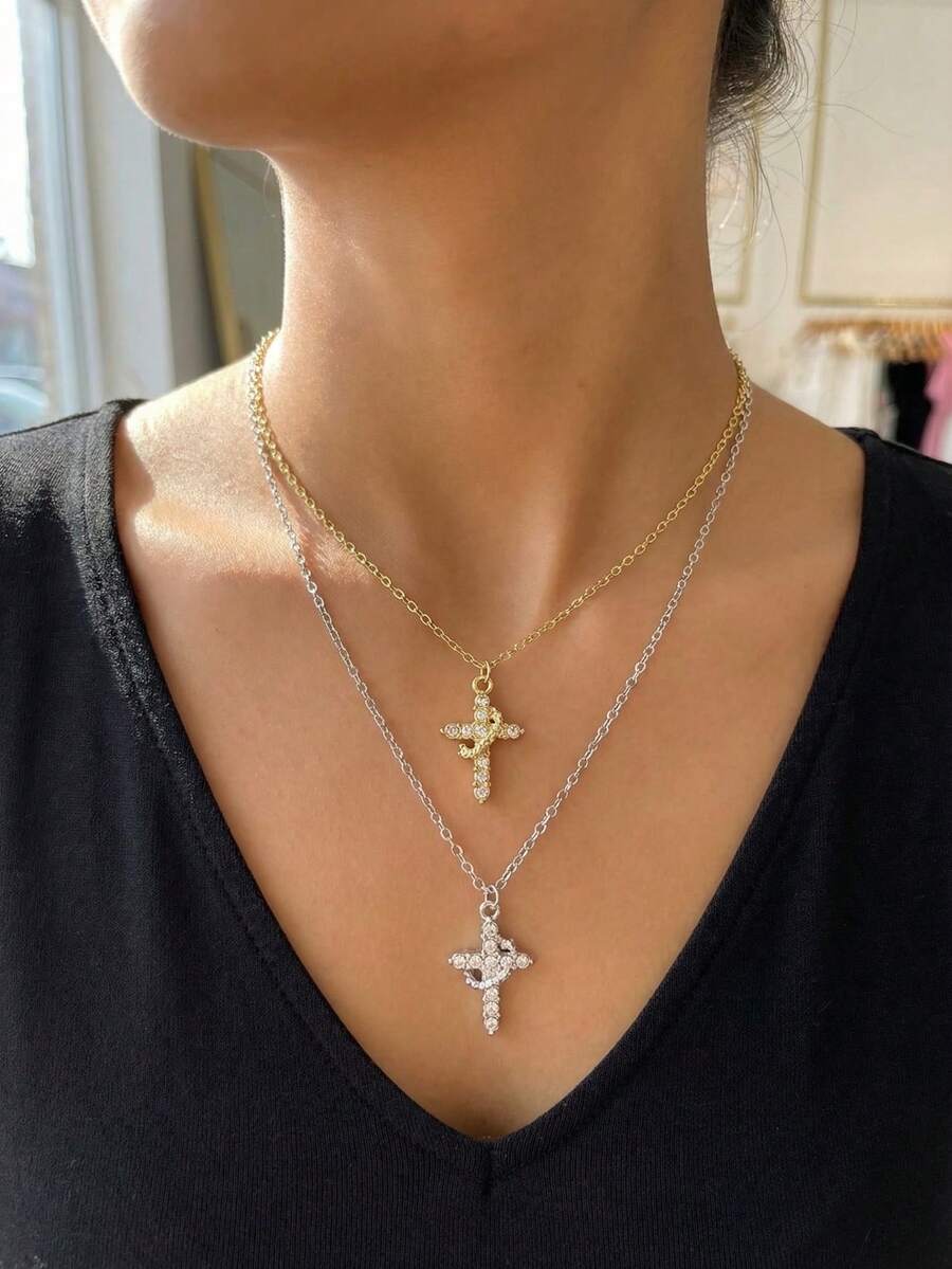 1 Cặp dây chuyền mặt dây chuyền hình vương miện và thánh giá đính đá vàng/bạc, thiết kế độc đáo, sang trọng, đa năng, phù hợp đeo hàng ngày/ngày lễ/tiệc tùng, là món quà trang sức lý tưởng cho phụ nữ. - Nhiều màu - Xem 1