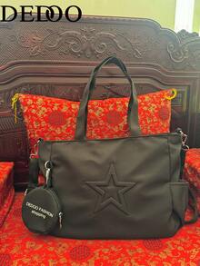 Dedoo New Fashionable Casual Canvas Star Pattern Tote Bag With Coin Purse, Office & Commute Handbag For Women - Black - View 1