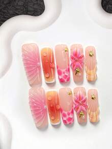 10pcs Women's Pink Style Handmade Nail Art Set, Seashell & Conch Nail Accessories, Handmade 5-Petal Flower Nail Decor, Orange & Pink Nail Polish, Fresh Style, Includes Nail Tools (1 Jelly Sticker + 1 Nail File), 3 Sizes Available: Almond, Duck Mouth, Coffin Shape, Suitable For Parties, Daily Wear, Parties, Photo Shoots, Spring/Summer Commute Press On Nails - Nhiều màu - Xem 4