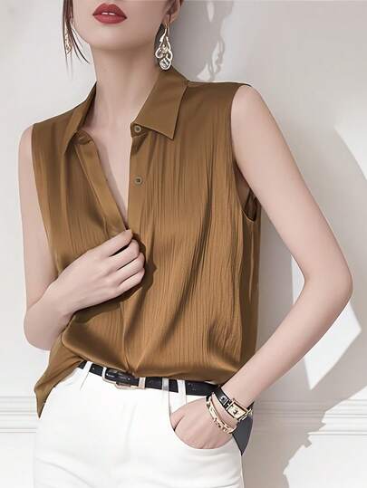 Camisa elegante sin mangas con pliegues en marrón, cárdigan de cuello en V vintage, blusa de oficina de verano
