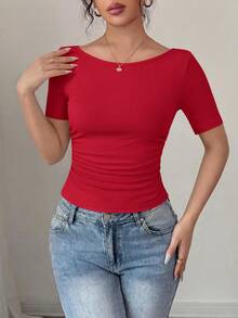 PRETTYGARDEN Womens Summer Short Sleeve Tops Boat Neck Ribbed Knit Slim Fit T Shirt Casual Basic Top Y2K Clothes - 紅色 - 查看 3