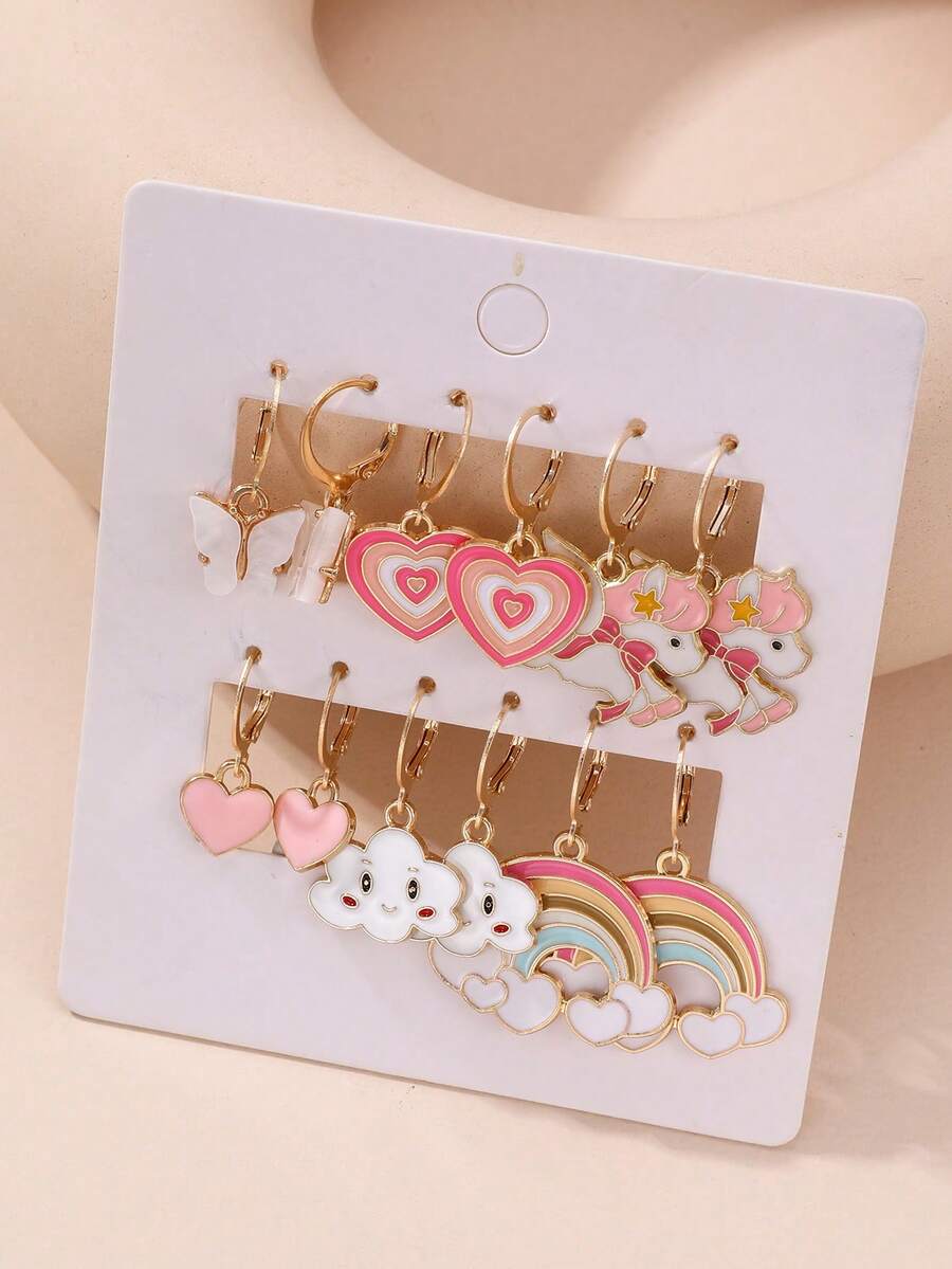 Bộ 12 đôi bông tai thời trang dễ thương hình bướm, cầu vồng, kỳ lân, mây, trái tim, quà tặng cho bé gái. - Nhiều màu - Xem 1