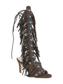 Women's Knee High Sandals High Heel Strappy Gladiator Shoes Fashion Fringe Tassels Lace-Up Sandalas Suede Open Toe With Stones Summer Shoes Beach Party Vacation Comfortable Shoes - 深棕色 - 查看 3