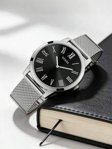 Guess Đồng hồ nam tối giản, dây đeo kim loại lưới màu bạc cổ điển thanh lịch, mặt số đen với chữ số La Mã, thiết kế mỏng nhẹ, phù hợp cho cả công sở và thường ngày. - Bạc - Xem 4