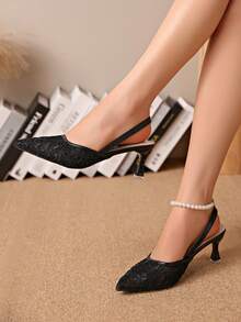 New Chinese Style White High Heel Mules, Pointed Toe Lace Embroidery Convertible Sandals For Women,Kitten Heels,Summer Shoes - Black - View 2
